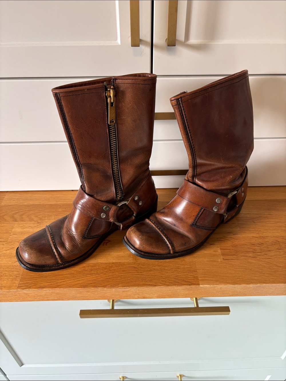 Vintage 70s Women’s Brown Leather Mid-Calf Harness Boots.